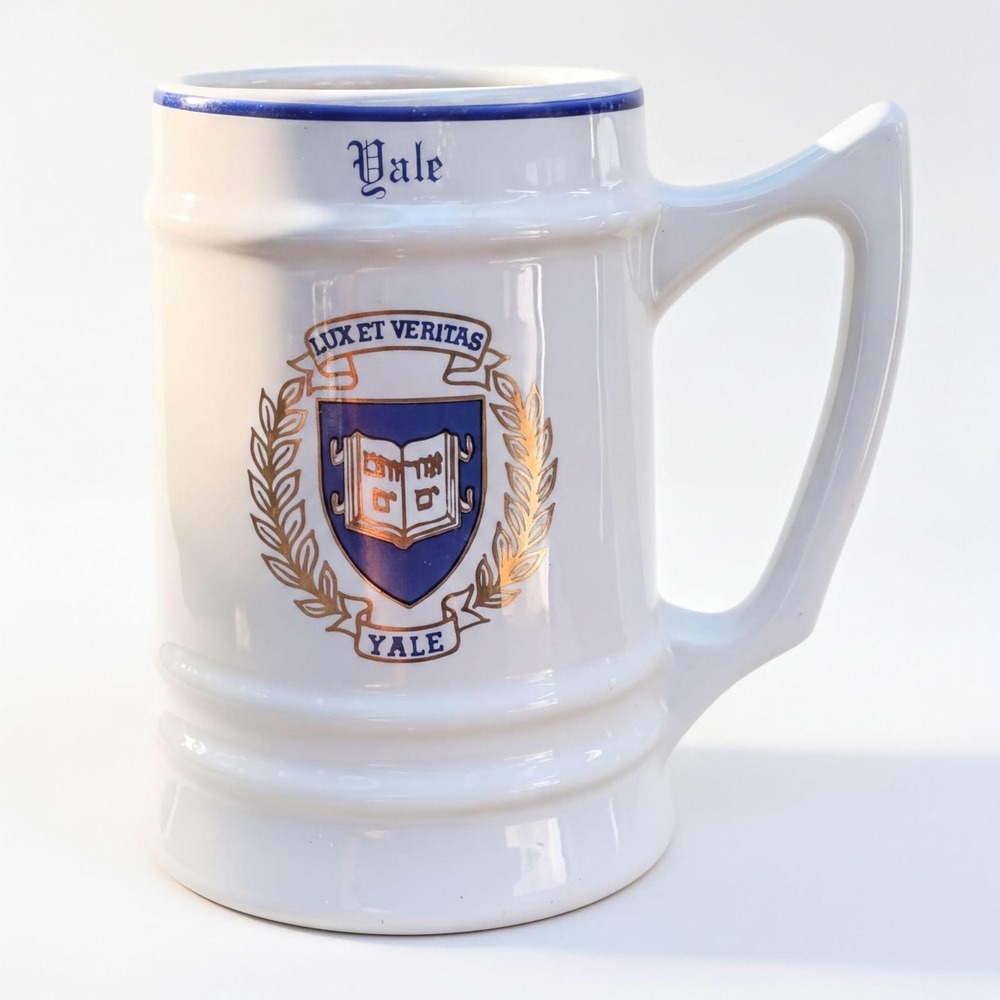 Beer Stein Yale University Vintage Ceramic White Blue College Crest Alumni Gift